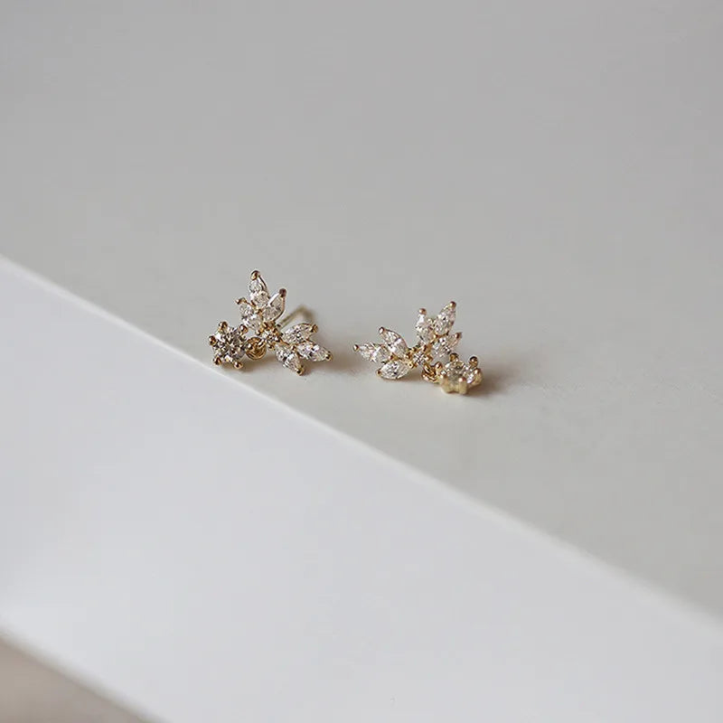 925 Sterling Silver Sparkling Water Drop Zircon Petal Wing Women's Stud Earrings - Lovez Aqua© -