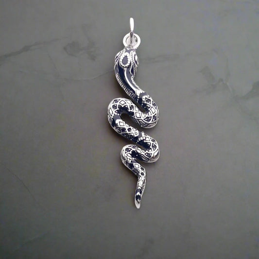 925 Sterling Silver Twisted Snake Black Zircon Encrusted Pendant Charm - Lovez Aqua© -