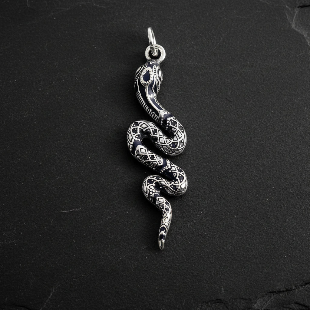 925 Sterling Silver Twisted Snake Black Zircon Encrusted Pendant Charm - Lovez Aqua© -