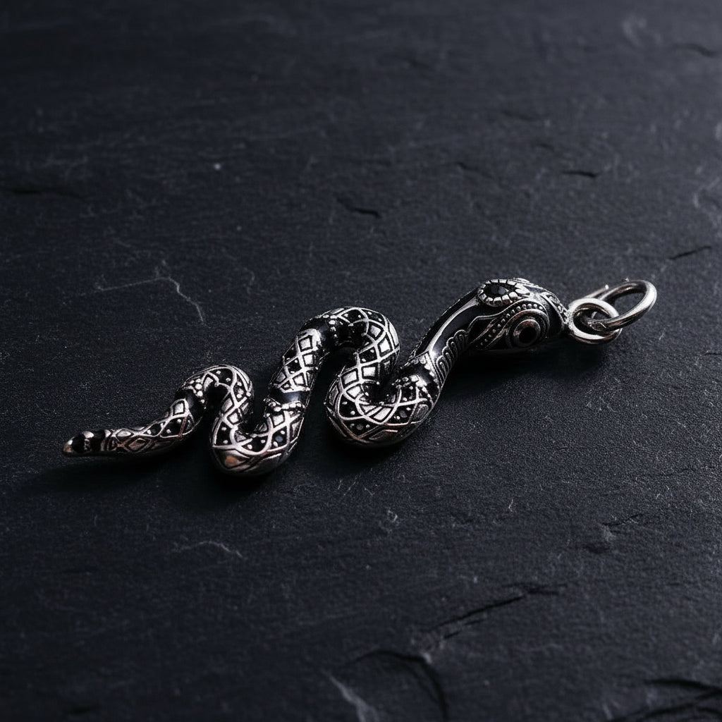 925 Sterling Silver Twisted Snake Black Zircon Encrusted Pendant Charm - Lovez Aqua© -