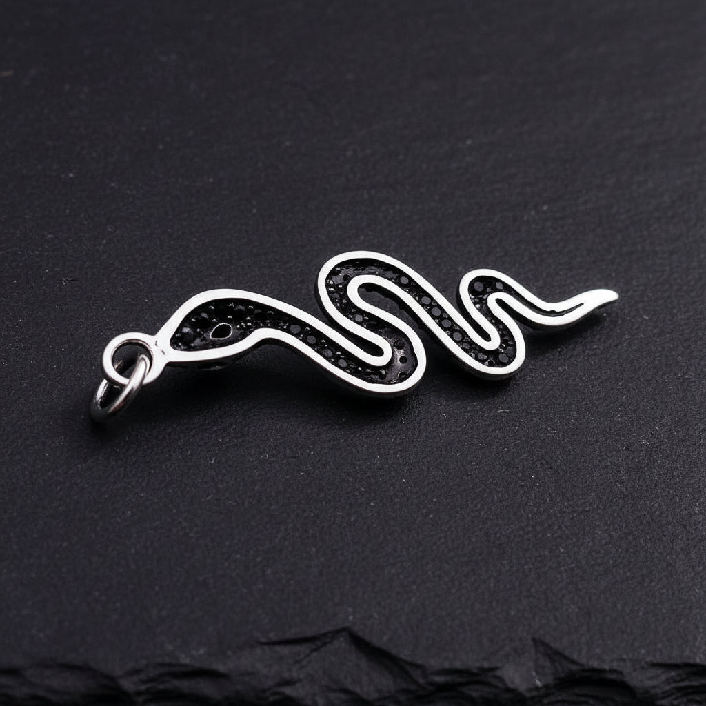 925 Sterling Silver Twisted Snake Black Zircon Encrusted Pendant Charm - Lovez Aqua© -