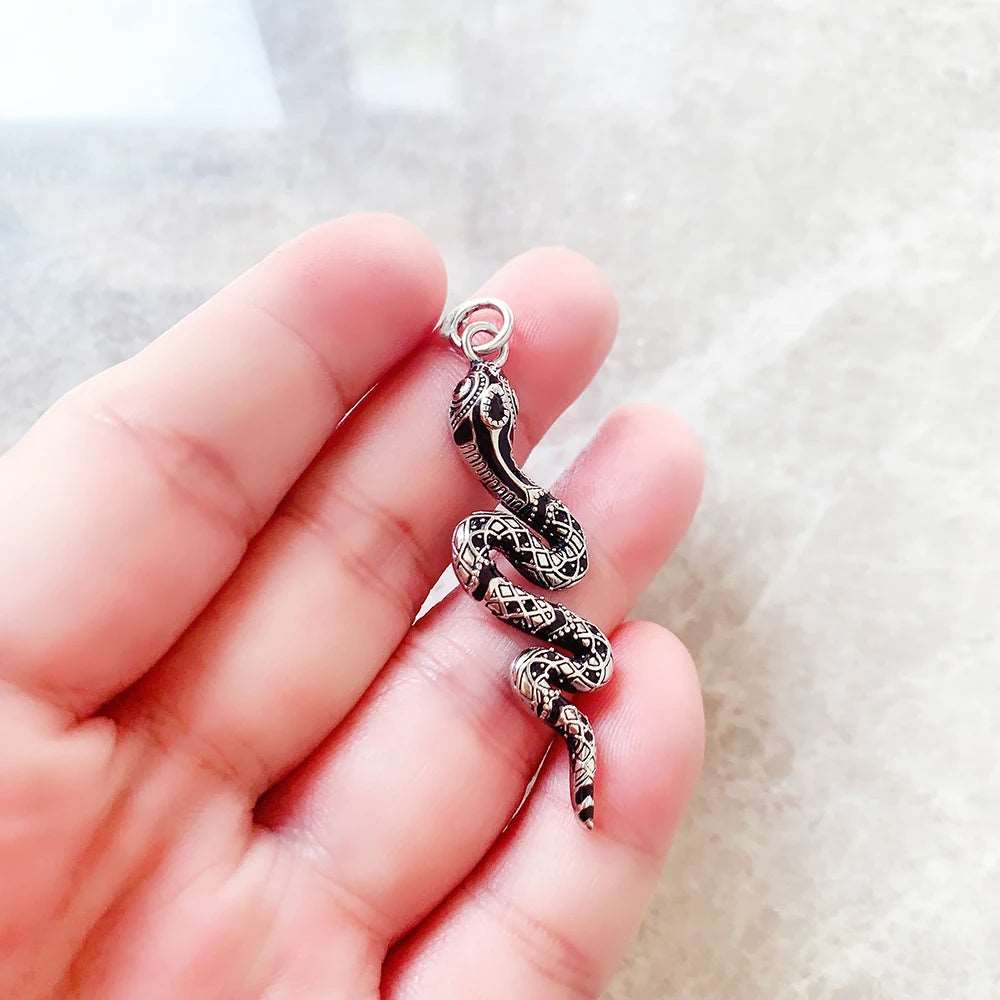 925 Sterling Silver Twisted Snake Black Zircon Encrusted Pendant Charm - Lovez Aqua© -