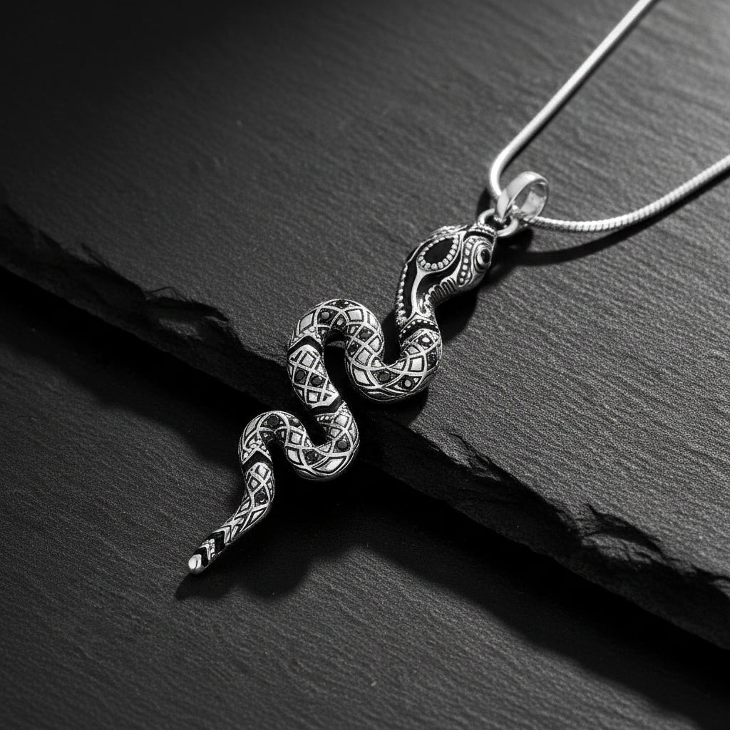 925 Sterling Silver Twisted Snake Black Zircon Encrusted Pendant Charm - Lovez Aqua© - Ring