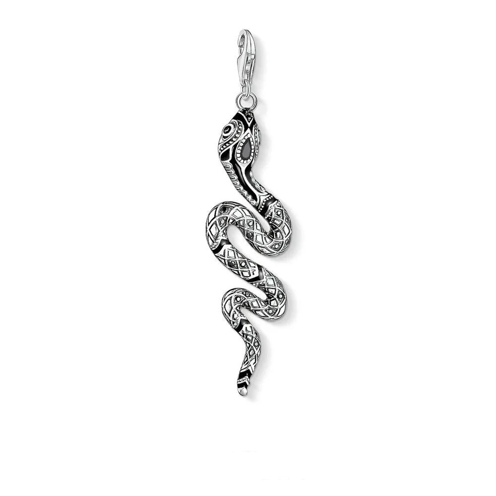 925 Sterling Silver Twisted Snake Black Zircon Encrusted Pendant Charm - Lovez Aqua© - Lobster Clasp