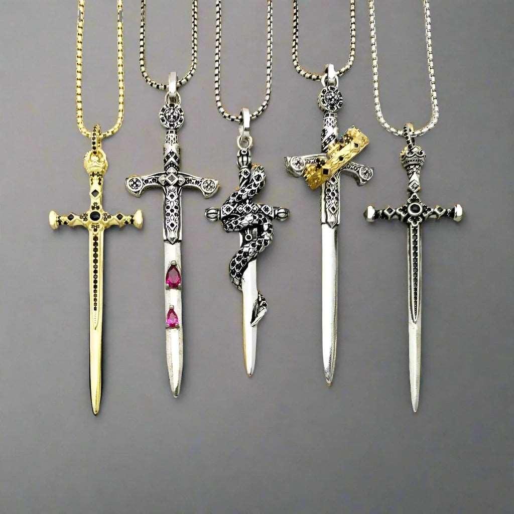 925 Sterling Silver Unisex Medieval Sword Pendant Link Chain Necklace - Lovez Aqua© -
