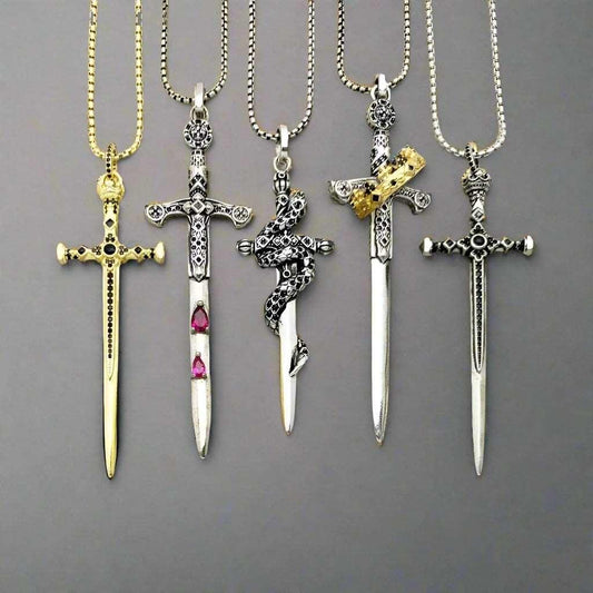 925 Sterling Silver Unisex Medieval Sword Pendant Link Chain Necklace - Lovez Aqua© -