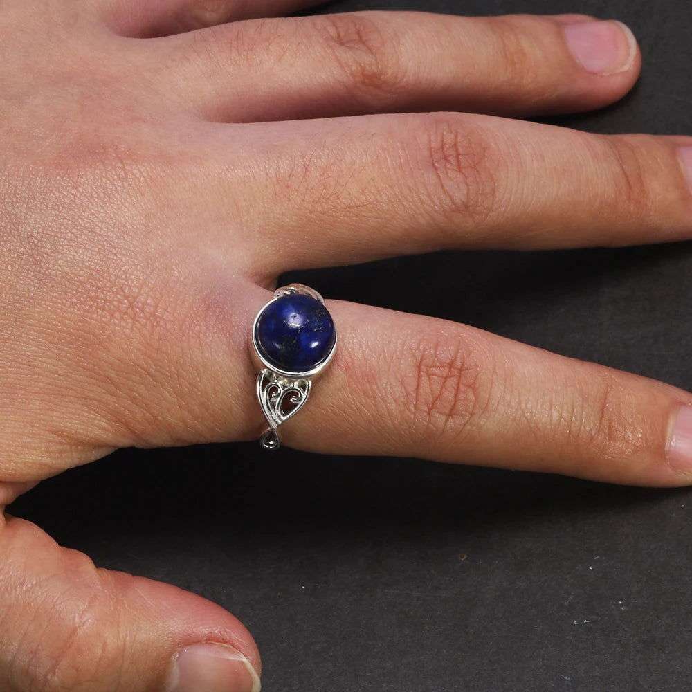 925 Sterling Silver Victorian Opal & Natural Lapis Stone Solitaire Ring - Lovez Aqua© -