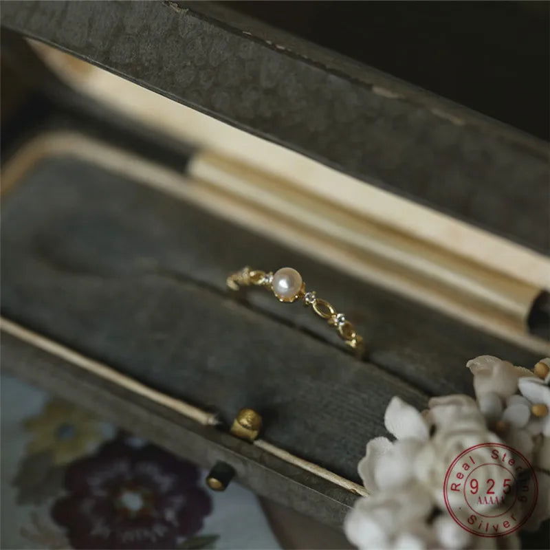 925 Sterling Silver Vintage Classic White Shell Pearl & Zircon Gold Women's Ring - Lovez Aqua© -
