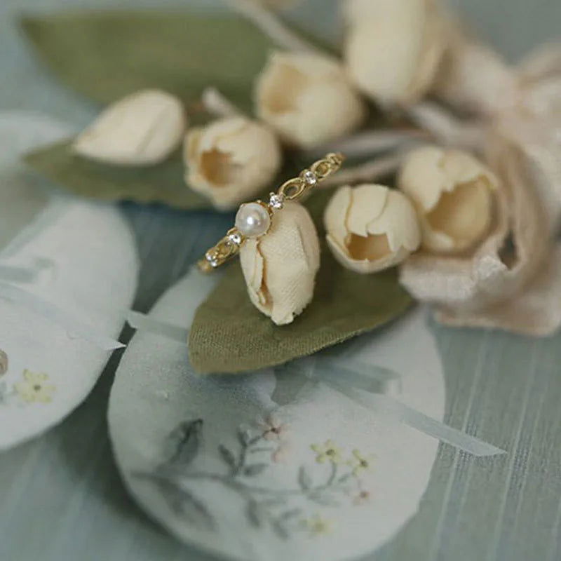 925 Sterling Silver Vintage Classic White Shell Pearl & Zircon Gold Women's Ring - Lovez Aqua© -