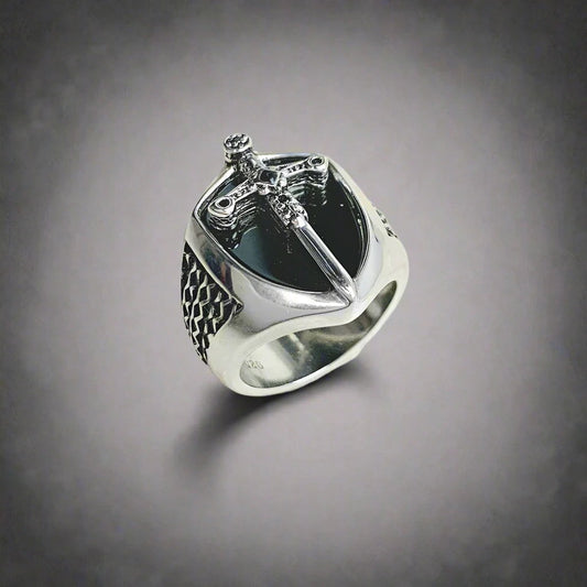 925 Sterling Silver Vintage Unisex Signet Mystical Sword Chunky Ring - Lovez Aqua© - 7