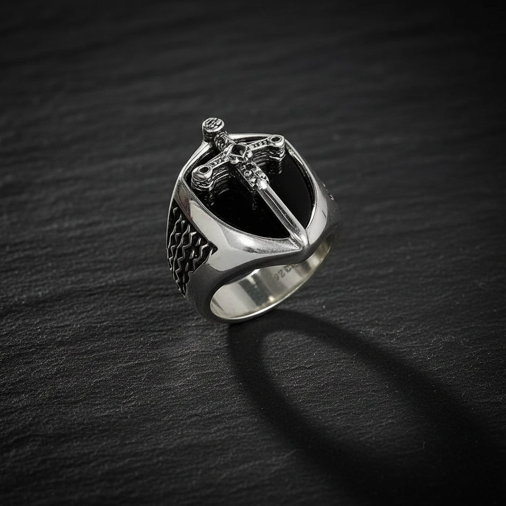 925 Sterling Silver Vintage Unisex Signet Mystical Sword Chunky Ring - Lovez Aqua© - 7