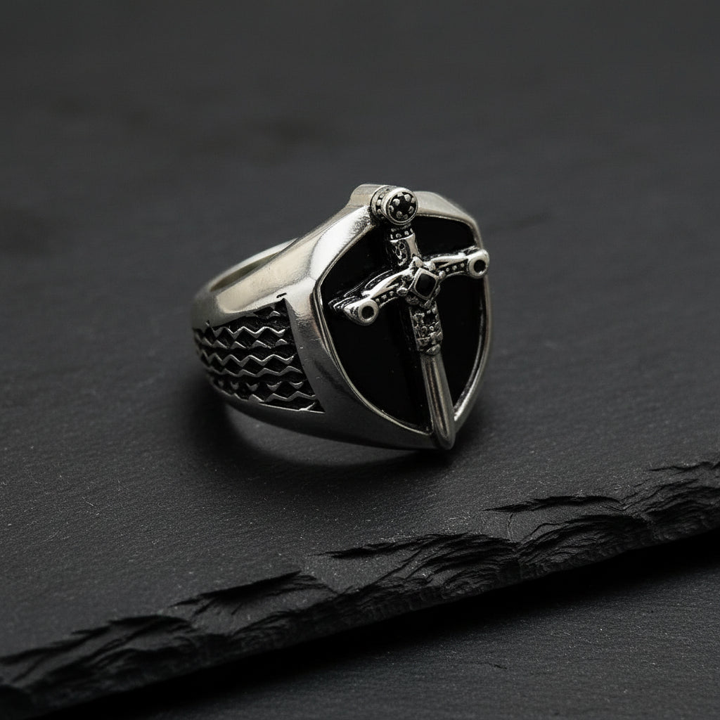 925 Sterling Silver Vintage Unisex Signet Mystical Sword Chunky Ring - Lovez Aqua© -