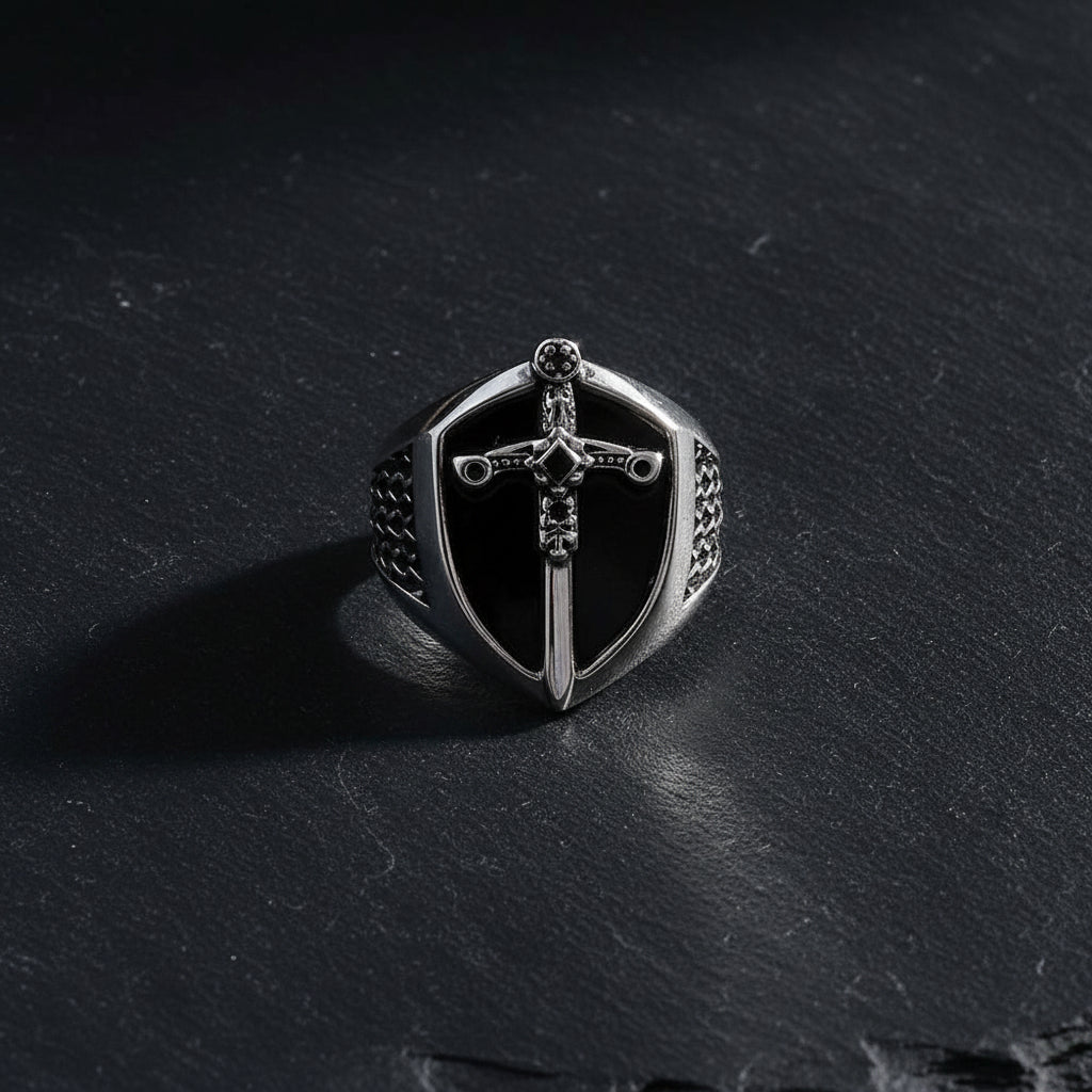 925 Sterling Silver Vintage Unisex Signet Mystical Sword Chunky Ring - Lovez Aqua© -
