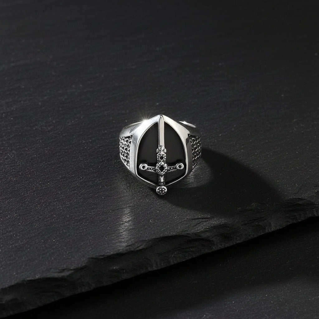 925 Sterling Silver Vintage Unisex Signet Mystical Sword Chunky Ring - Lovez Aqua© -