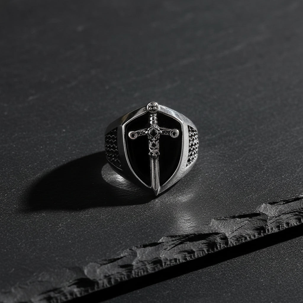 925 Sterling Silver Vintage Unisex Signet Mystical Sword Chunky Ring - Lovez Aqua© -