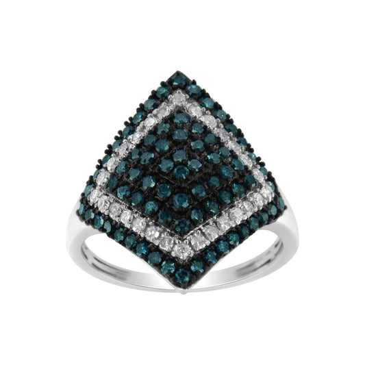 925 Sterling Silver White & Treated Turquoise Diamond Rhombus Cocktail Ring - Lovez Aqua© -