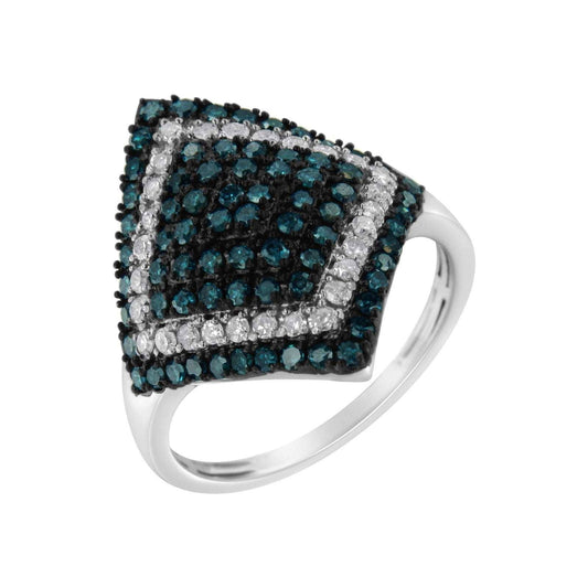 925 Sterling Silver White & Treated Turquoise Diamond Rhombus Cocktail Ring - Lovez Aqua© -
