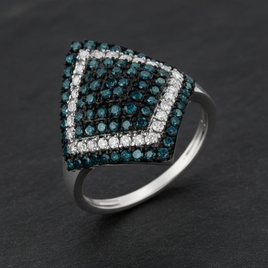 925 Sterling Silver White & Treated Turquoise Diamond Rhombus Cocktail Ring - Lovez Aqua© -