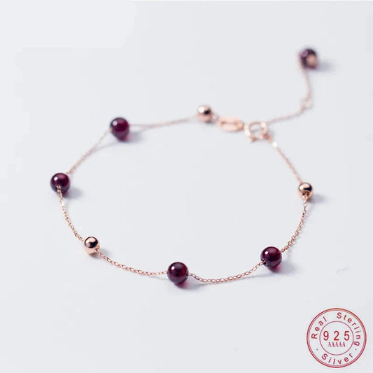 925 Sterling Silver Women's Round Red Garnet Beaded Chain Link Charm Bracelet - Lovez Aqua© - Silver