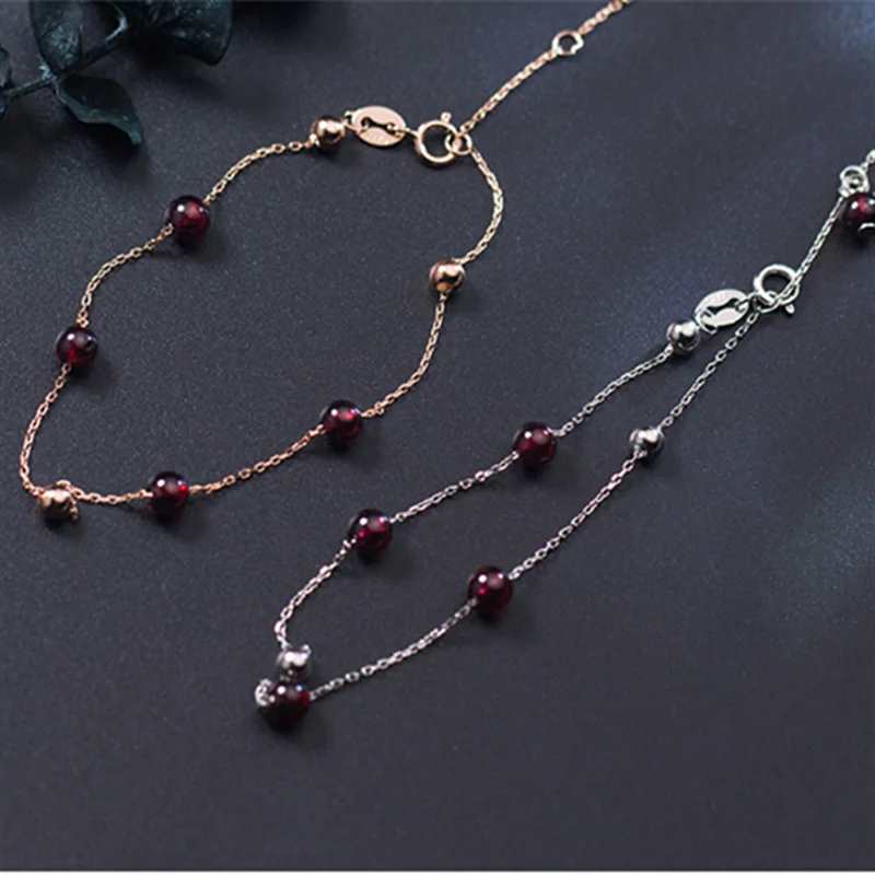 925 Sterling Silver Women's Round Red Garnet Beaded Chain Link Charm Bracelet - Lovez Aqua© -