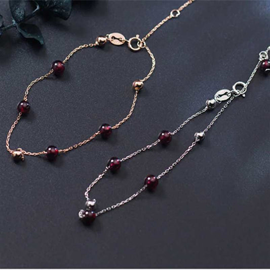 925 Sterling Silver Women's Round Red Garnet Beaded Chain Link Charm Bracelet - Lovez Aqua© -