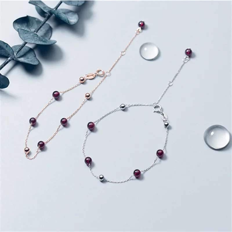 925 Sterling Silver Women's Round Red Garnet Beaded Chain Link Charm Bracelet - Lovez Aqua© -