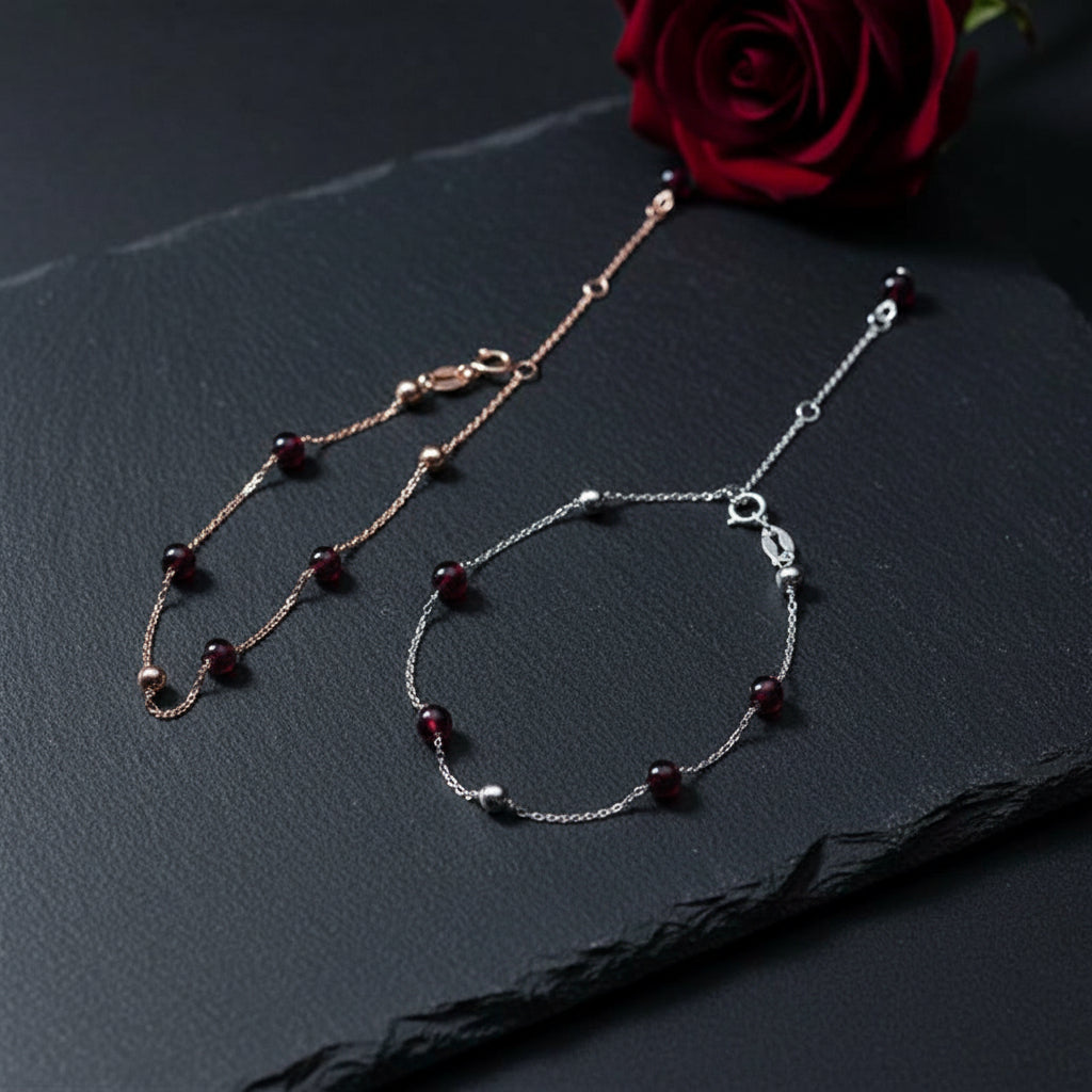925 Sterling Silver Women's Round Red Garnet Beaded Chain Link Charm Bracelet - Lovez Aqua© -