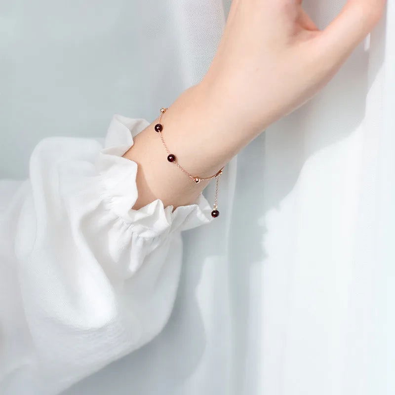 925 Sterling Silver Women's Round Red Garnet Beaded Chain Link Charm Bracelet - Lovez Aqua© -