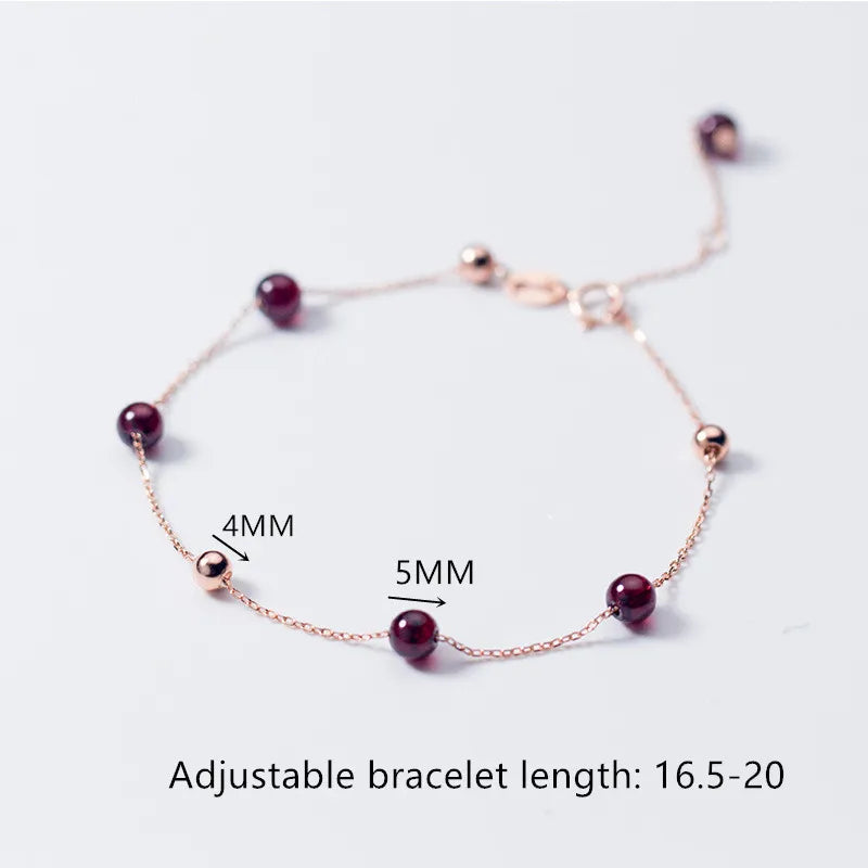 925 Sterling Silver Women's Round Red Garnet Beaded Chain Link Charm Bracelet - Lovez Aqua© -