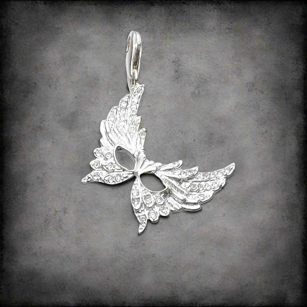 925 Sterling Silver & Zircon Feather Venetian Masquerade Mask Pendant Charm - Lovez Aqua© - Default Title