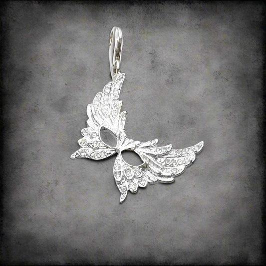 925 Sterling Silver & Zircon Feather Venetian Masquerade Mask Pendant Charm - Lovez Aqua© - Default Title