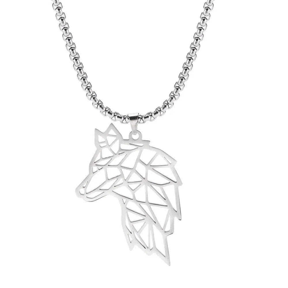Men's Stainless Steel Origami Wolf Head Pendant Statement Necklace - Lovez Aqua© - Silver