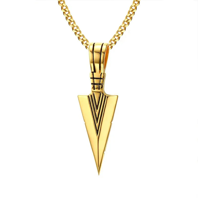 Men's Stainless Steel Punk Rock Arrow Head Pendant Necklace - Lovez Aqua© - Gold 24 Chain