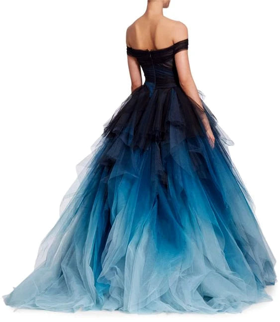 Women's Dark Blue Ombre Tulle Sleeveless Layered Fantasy Evening Ball Gown - Lovez Aqua© -