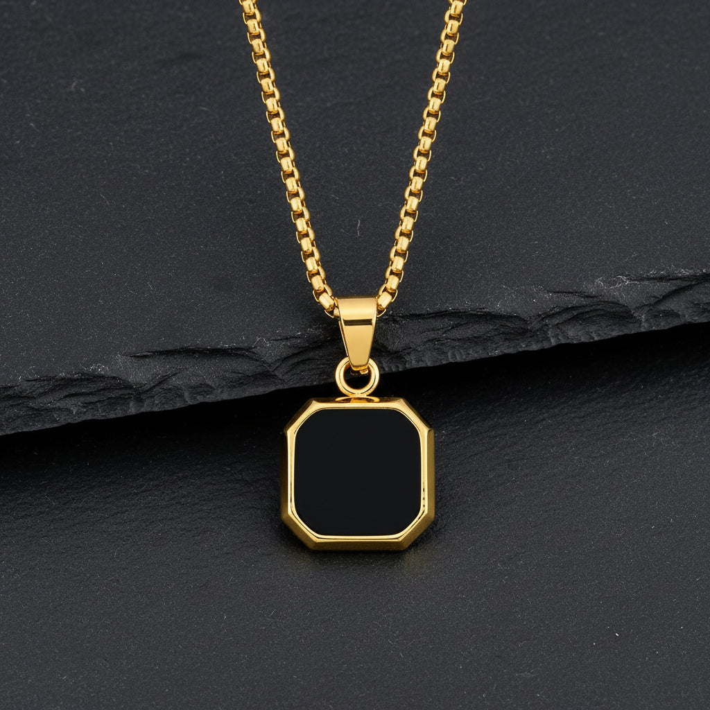 Men's Geometric Lapis Lazuli/Black Enamel Stone Square Pendant Necklace - Lovez Aqua© - Black Gold / 60cm