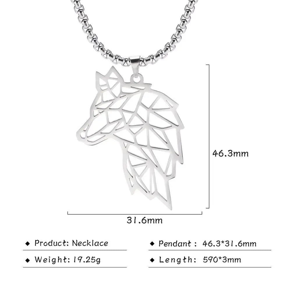 Men's Stainless Steel Origami Wolf Head Pendant Statement Necklace - Lovez Aqua© -