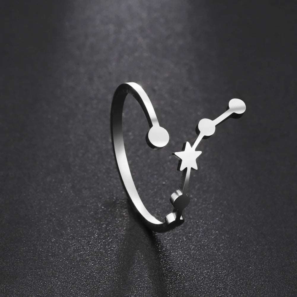 Women's Zodiac Star Signs Constellation Stainless Steel Adjustable Open Ring - Lovez Aqua© -