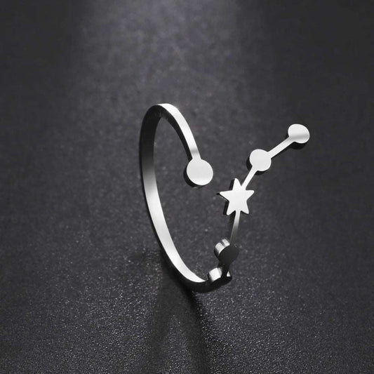 Women's Zodiac Star Signs Constellation Stainless Steel Adjustable Open Ring - Lovez Aqua© -