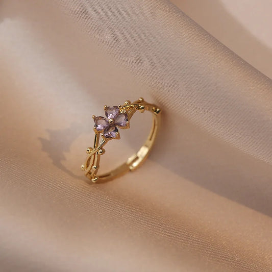 Elegant Gold Plated Ring with Marquise-Cut Amethyst Flower & Twisted Band - Lovez Aqua© -