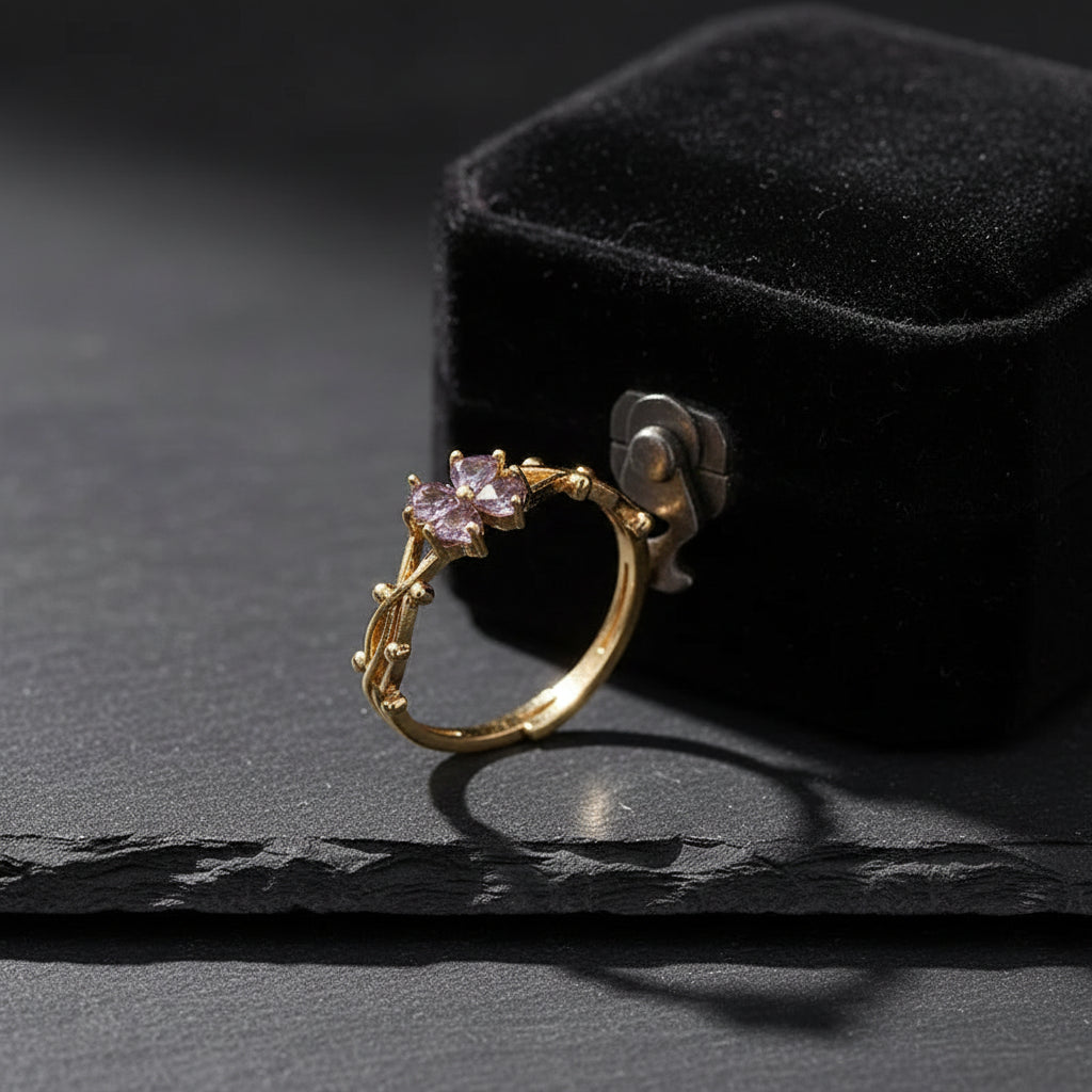Elegant Gold Plated Ring with Marquise-Cut Amethyst Flower & Twisted Band - Lovez Aqua© -
