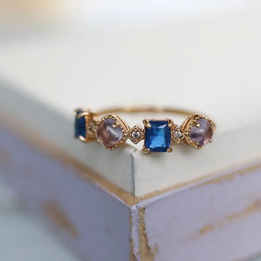 Elegant 18K Gold Plated Natural Blue & Purple Zircon Geometric Women's Ring - Lovez Aqua© -