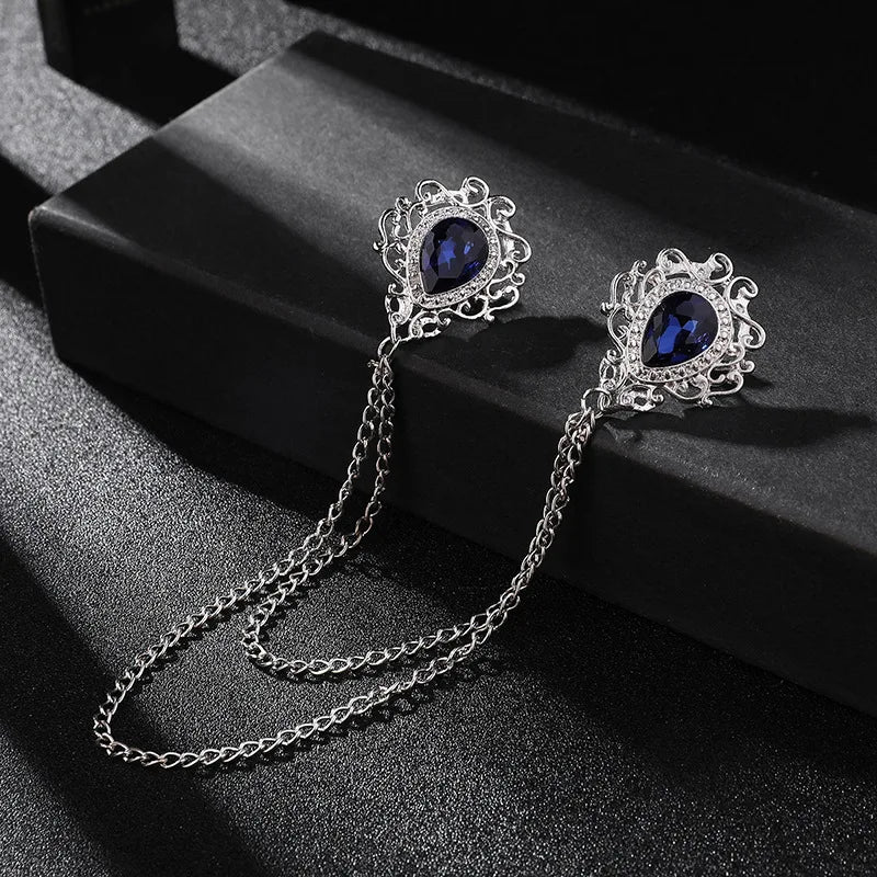 Men’s Vintage Style Tassel Chain Lapel Brooch With Gemstones - Lovez Aqua© - Sliver Blue