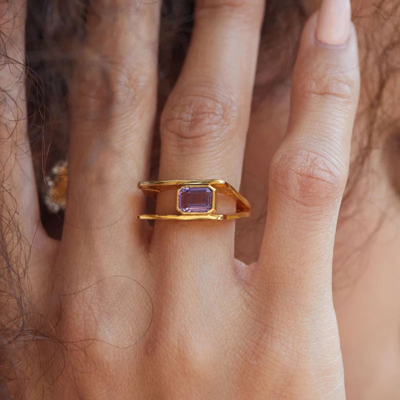 Natural Amethyst S925 Sterling Silver Unique Square Gold Plated Women's Ring - Lovez Aqua© -