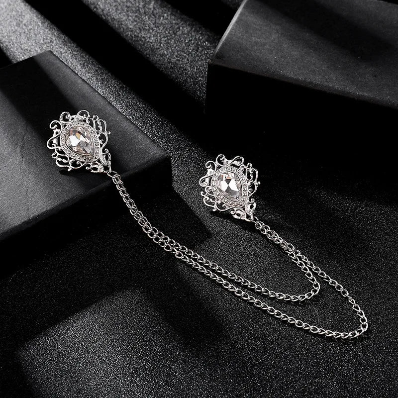 Men’s Vintage Style Tassel Chain Lapel Brooch With Gemstones - Lovez Aqua© - Sliver White