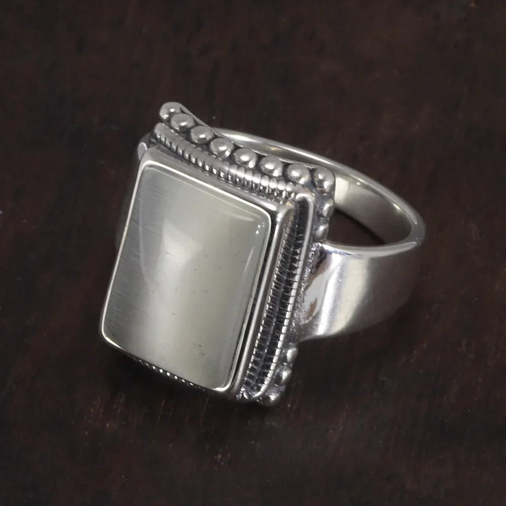 Lucifer Morningstar Real S925 Sterling Silver Ring with Natural Black Onyx Stone - Supernatural - White Cat Eye / 12