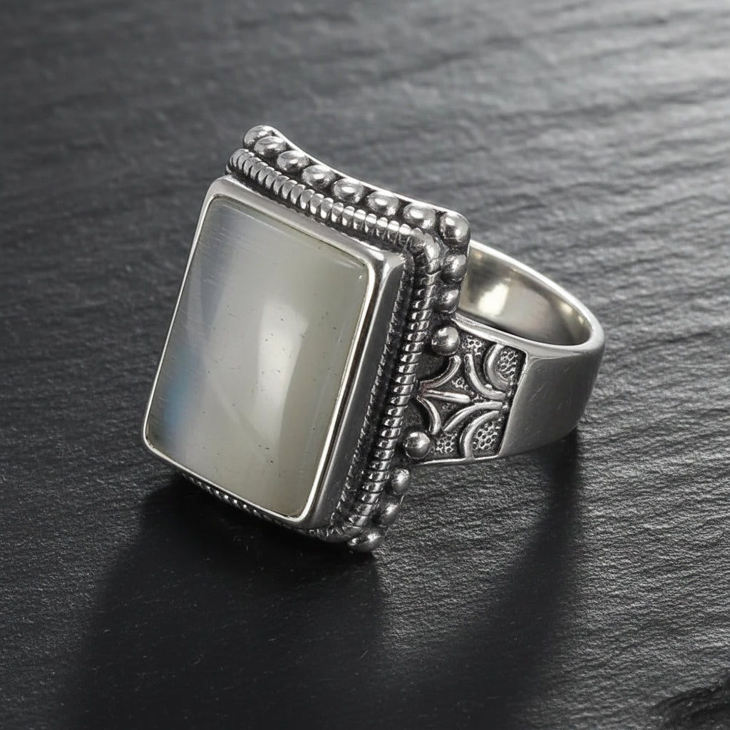 Lucifer Morningstar Real S925 Sterling Silver Ring with Natural Black Onyx Stone - Supernatural - White Cat Eye / 12