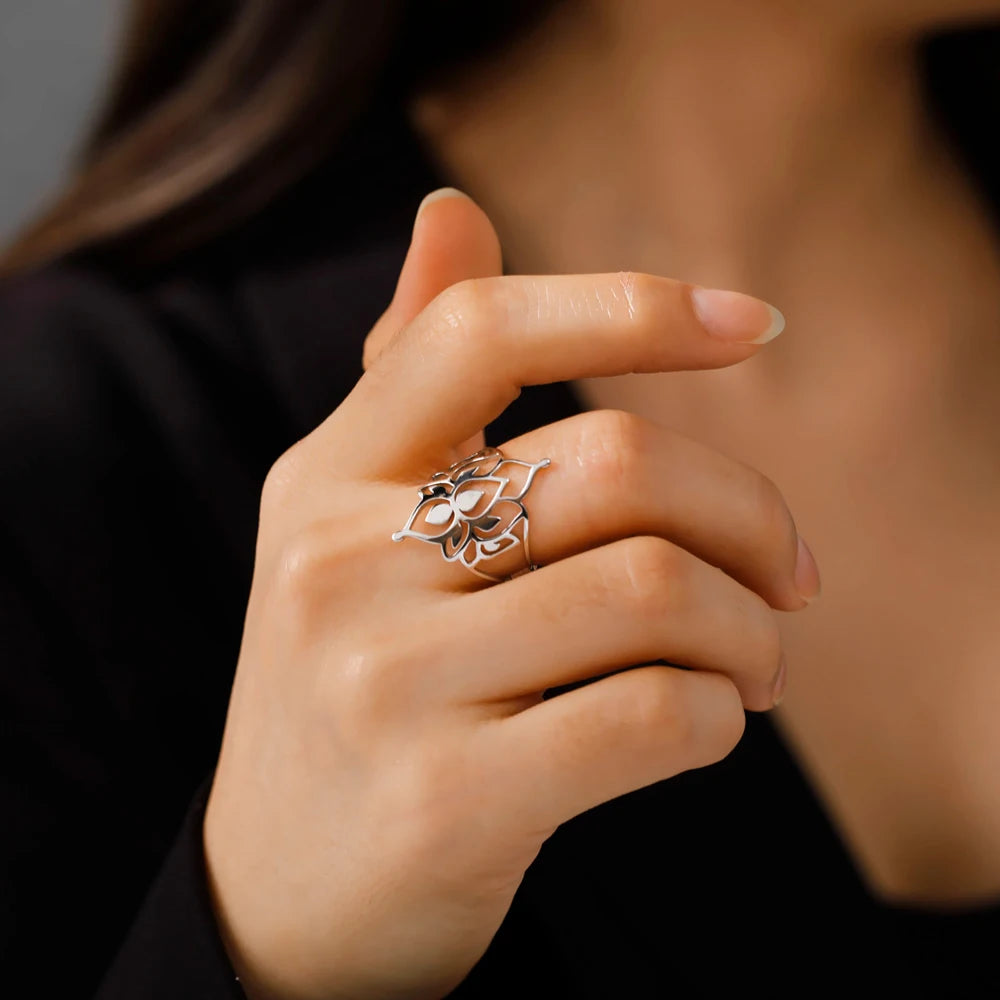 Women's Hollow Cutout Lotus Flower Stainless Steel Adjustable Ring - Lovez Aqua© -