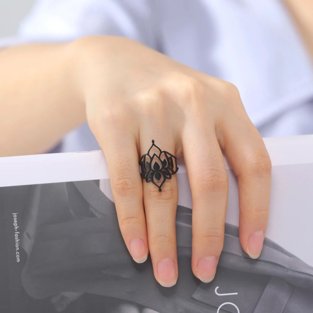 Women's Hollow Cutout Lotus Flower Stainless Steel Adjustable Ring - Lovez Aqua© -