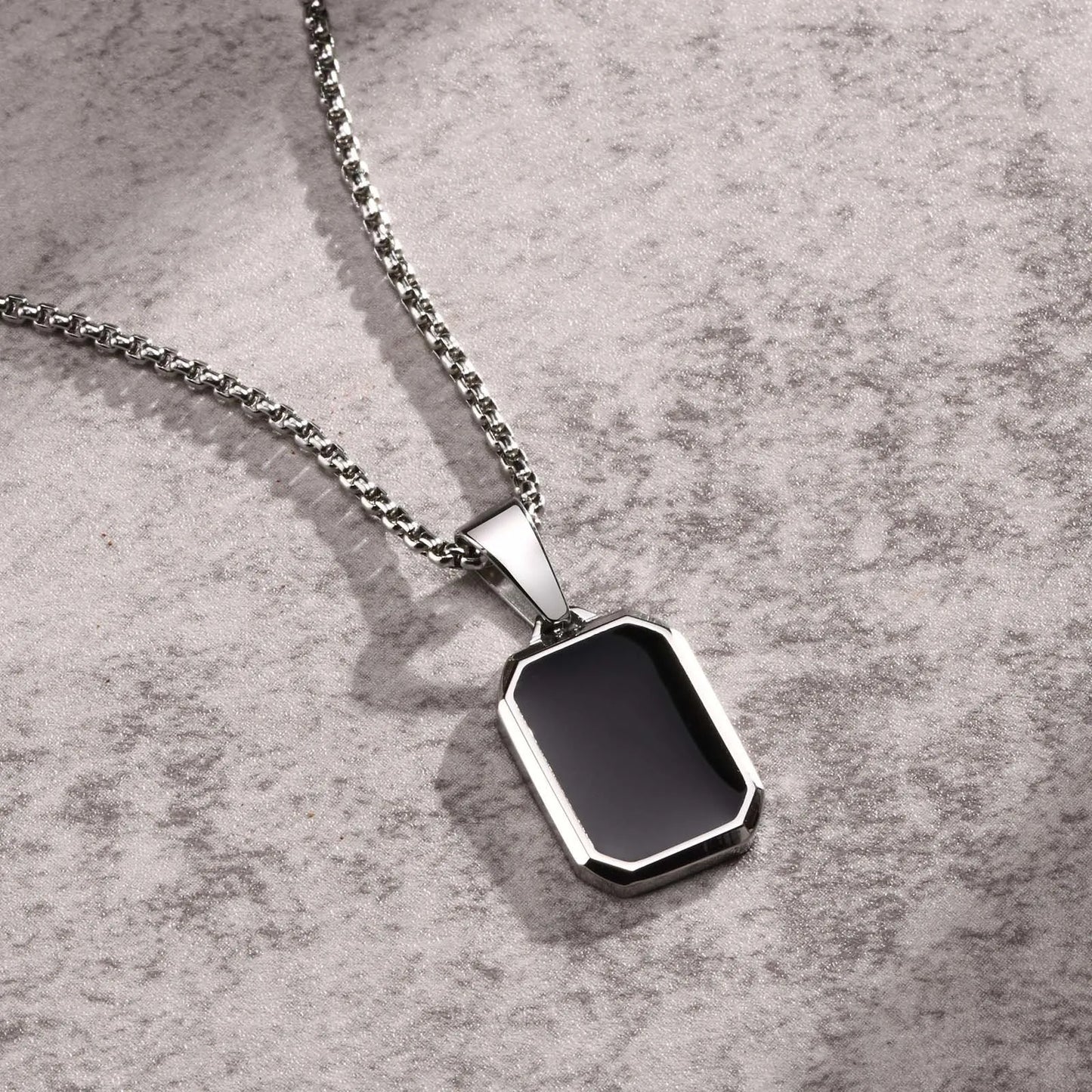 Men's Modern Geometric Stainless Steel Black Onyx Rectangle Necklace - Lovez Aqua© - 4 / 60cm