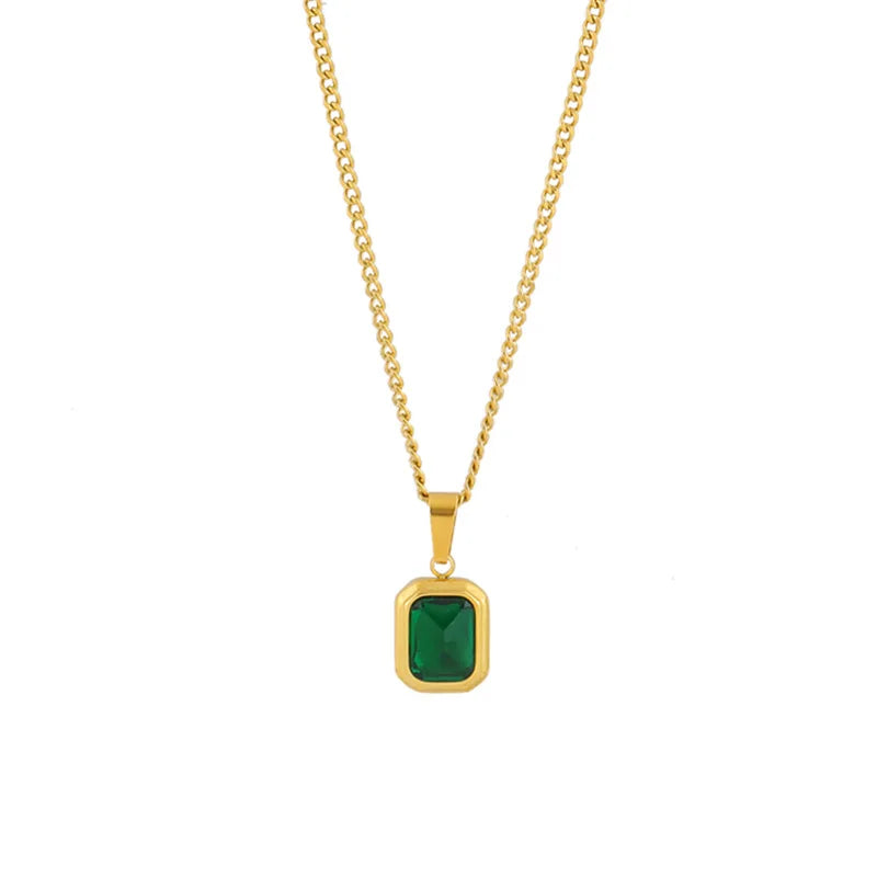 Women's Elegant Gold Plated Square Emerald Green Cubic Zirconia Pendant Necklace - Lovez Aqua© -